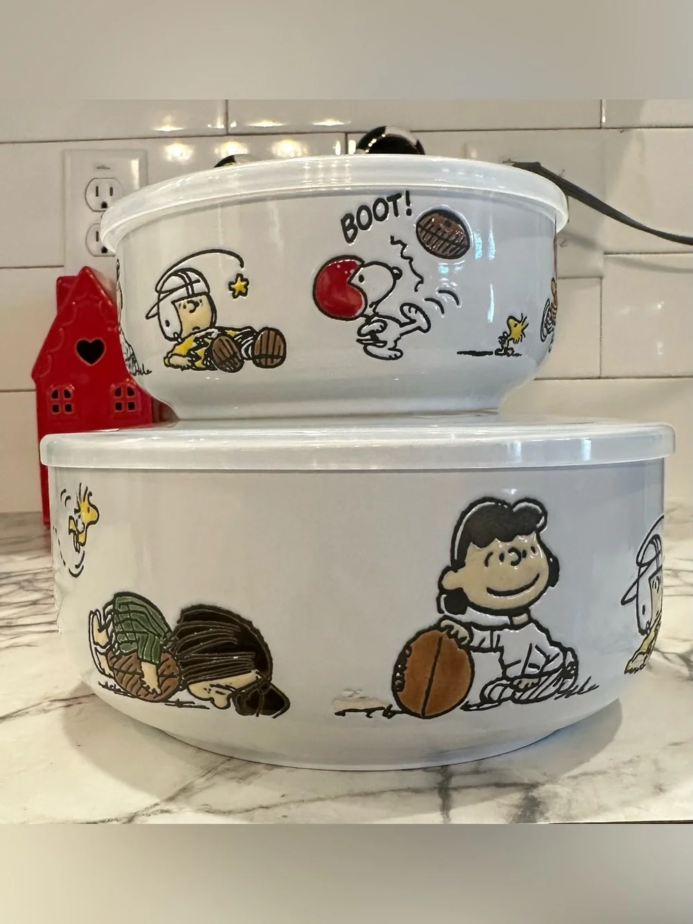 Peanuts Snoopy Football Ceramic Serving Bowl - White with Red Accents with lids.